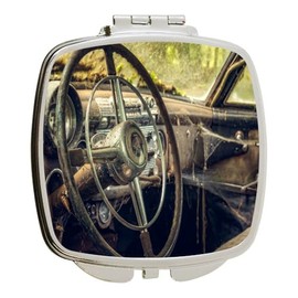 Island Gifting - Vintage Car Steering Wheel Design - Square Compact Mirror - Travel Mirror