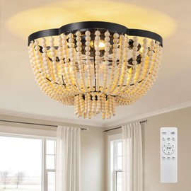 APBEAMLighting 19.3'' Wooden Bead Ceiling Fan with Light, Black and Oak Boho Chandelier, Bohemia Flush Mount Light Fixture 6-Speed Reversible Flower Fandelier for Hallway Dining Room Bedroom Kitchen