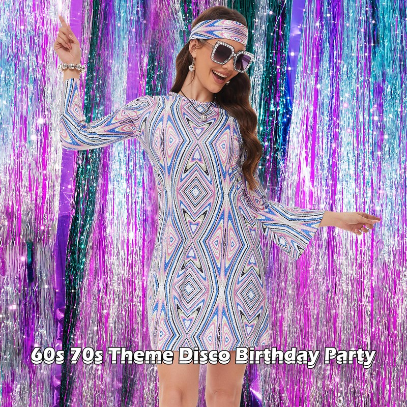 MRYUWB 70s Women Disco Dress Hippie Costumes Necklace Earrings Glasses,