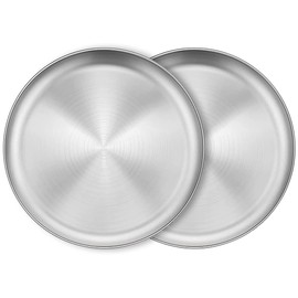XIACIBDUS 2PCS Stainless Steel Dinner Plates, Round Serving Platter for Camping Barbecue and Baking, Non Toxic Healthy Serving Dishes and Dishwasher Safe (30cm)