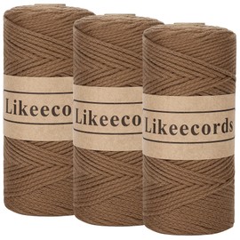 Likeecords 100% Cotton Crochet Yarn for Bag,3 Rolls/Pack 2mm x 510m,Macrame Cord,Chunky Yarn for Crocheting Handbag, Purse,Blankets Crafts Projects (Brown)
