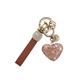 XiuXiuPi Car Keychain for Women Cute with Rhinestone Heart Shape –Wristlet Bling Girl Key Chain for Car Keys, Purse Charms (brown)