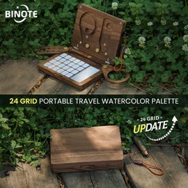 BINOTE 24 Empty Half Pans Wooden Paint Palette, Travel Watercolor Palette, Black Walnut Watercolor Easel with Pen Holder and Cup Holder, Upgraded Style (No Paint or Stand)