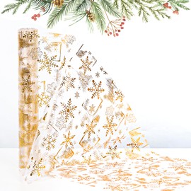 YBwanli 33ft Christmas Table Decoration,Christmas Table Runner,Gold Snowflake Organza Thin Mesh Table Runner,28cm X 10M, Can use it to make Christmas home decorations