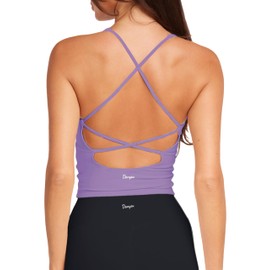 Danysu Spring Tops for Women Longline Sports Bras Workout Tops for Women Light Support Strappy Padded Yoga Top V Neck Iris Purple S