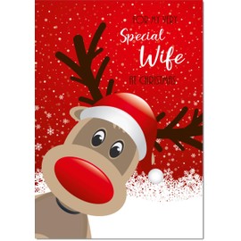 doodlecards Wife Christmas Card Rudolph in Snow Medium Size Christmas Card for Wife with Plain Envelope