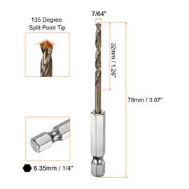 sourcing map 1/4" Hex Shank Drill Bit 7/64" Gold Oxide M35 High Speed Steel Twist Drill Bit 135 Degree Split Point Tip Drilling Tool with Quick Change Hex Shank for Metal Wood Plastic