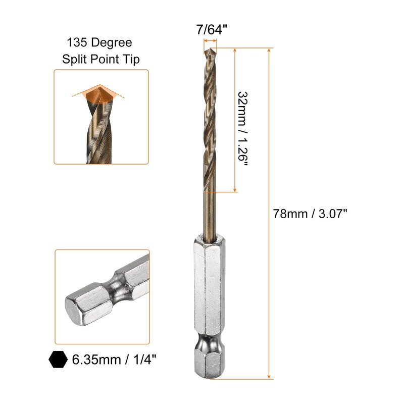 sourcing map 1/4" Hex Shank Drill Bit 7/64" Gold Oxide