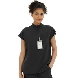 Kitmaz Medical Scrub Tops for Women - Soft Stretch Mandarin Collar Oversized Fit Scrub Shirts with 3 Pockets Black