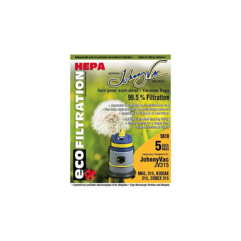 HEPA MICROFILTER Vacuum Bags - JOHNNY VAC JV315 - PKG/5