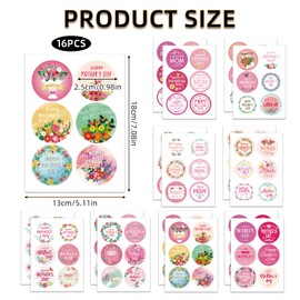 16 Pcs Mothers Day Stickers, Mothers Day Decorations Stickers, Floral Sticky Labels, Pink White Round Mom Sticker for Crafts Cards Gift Wrap Boxes Envelope Seals Party Favor Decorations