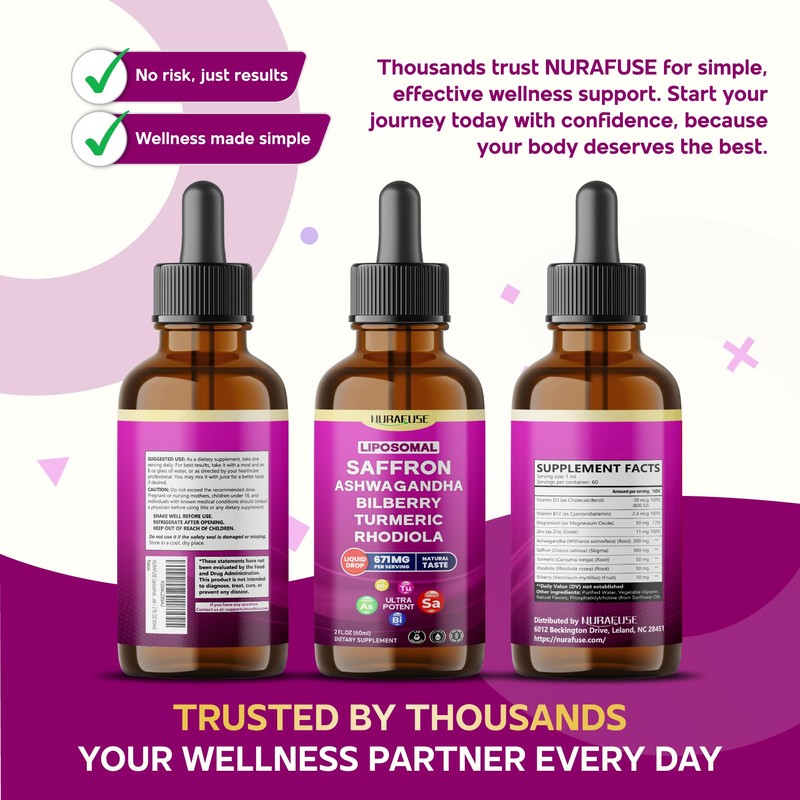 NURAFUSE Liposomal Saffron, Ashwagandha, Bilberry, Turmeric, Rhodiola Liquid Drops –