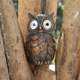 Dnoifne Owl Outdoor Garden Ornaments, Solar-Powered Resin Owl Statue with Solar Lights, Brown, Handmade, Classical Style, Tabletop, Waterproof, All Seasons Decor
