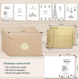 Christmas Cards Pack of 36, Multipack Xmas Cards for Family, Friends, Lovers and Business Partners, A6（105 x 148 mm） Folded Size with 36 Envelopes