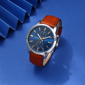 BUREI Watches Men's Chronograph Japanese Quartz Waterproof Watch Men's Leather Strap Business Casual Sport Date Watch for Men, Yellow-Brown, Classic