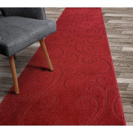 Custom Length Hallway Carpet Runner Rug, Slip Resistant, 26 Inch Wide X Your Choice of Length, Scroll Burgundy, 26 Inch X 20 Feet, Sold and Priced Per Foot