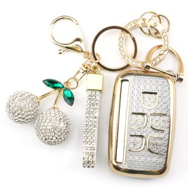 Rayslesan Sparkly Key Fob Cover with Cherry Keychain, Bling TPU Smart Key Case for Women, Compatible with Land Rover LR2 LR4 Range Rover Discovery Jaguar XJ XF XK (5-Button, Gold White)