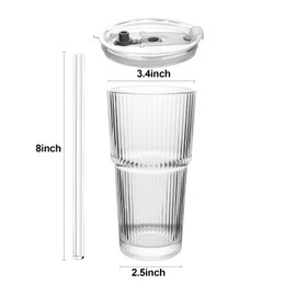 Ribbed Drinking Glasses ,with Lids and Glass Straws Glass Cup,19oz Glass cup,4 Pack Old Fashioned Glasses,Thickened glass for iced coffees,cocktails and juices, perfect for families and parties (4)