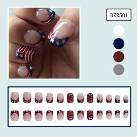 Independence Day Press on Nails Short Square Shaped Artificial Extra Short Length Fake Nails with Patriotic Designs Acrylic Square False Nails with July 4th Glue ons Fingernails for Women(DZ2501)