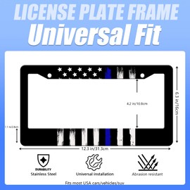 Onevenvi License Plate Frame USA Police Flag License Plate Frame Blue Line Grunge Design Rust-Proof Waterproof Stainless Steel with Screws for Men Women 12.2 x 6 Inches