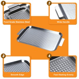 COOK TIME Grill Pan Set of 2, BBQ Grill Topper for Outdoor Grill, Stainless Steel Grilling Baskets with Holes and Handles, Perforated Food Tray Barbecue Accessories for Vegetable, Fish, Small x 2