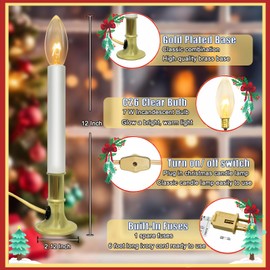4 Pack Electric Window Candle Lamp with Gold Plated Base, Christmas Window Candles with On/Off Switch, C26 Light Bulb, E12 Base, Window Candles Plug in and Ready to Use for Holiday Wedding Party Decor