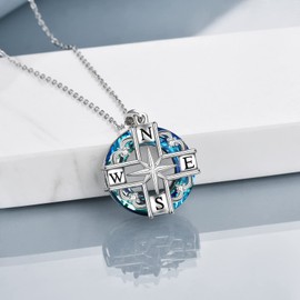 SHEAISRS Compass Necklace for Women 925 Sterling Silver Crystal Circle Pendant Friendship Talisman Travel Necklace Graduation Gifts for Daughter and Friends