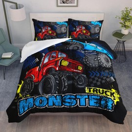 QOOMO Truck Comforter Set for Kids Teens Boys,Cars Kids Comforter,1 Comforter with 2 Pillowcase, Microfiber 3 Piece Bedding Set,Soft and Lightweight(Black，Full Size)