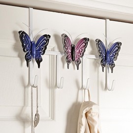 Butterfly Design Over-the-Door Hooks – Metal Hanger with 3 Butterflies & 4 Hooks - Bathroom, Bedroom, Cloakroom, Utility Hanging Storage for Towels, Robes, Pyjamas, Coats, Jackets - H21 x W30 x D5cm