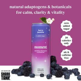 Moment Adaptogen Drink (Shark Tank) | Berry Jasmine Sparkling Soda | Flavored Sparkling Water | L-Theanine, Ashwagandha for Calm | Sugar Free Drinks, 0 Caffeine, 0 Alcohol | 12-pack