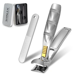 SHINLEA Nail Clippers for Seniors Thick Toenails, Professional Fingernail Toenail Clippers with Catcher, Sharp Wide Opening and Long Handle Nail Cutter Set for Men Women, Silver