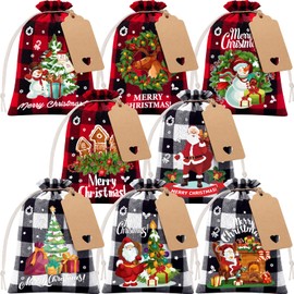 24Pcs Burlap Christmas Drawstring Bags, 5x7in Buffalo Plaid Xmas Gift Bags w/Tag Xmas Candy Bags Small Christmas Linen Treat Bags Goody Gift Bags Reusable Gift Wrapping Bags Holiday Party Favors Sack