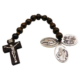 Westmon Works Catholic Rosary Chaplet Set Wooden Prayer Beads Metal Charms of Saint Michael St Benedict and Our Lady of Grace with Three Holy Cards Pack