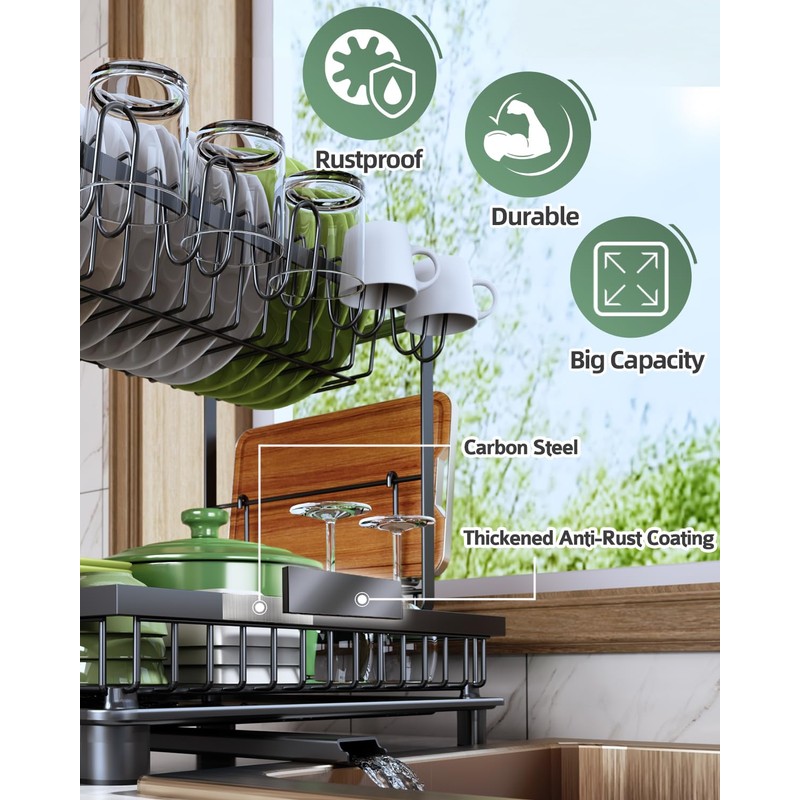 Nfnoyp Dish Drying Rack, 2 Tier Space-Saving Dish Rack, Multifunctional