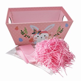 Easter Hamper Basket Kit Gift Box includes Tissue Paper Bag and Ribbon (Pink with Bunnies)