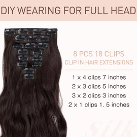 Silk-co Clip in Hair Extensions 17 inch Light Brown 100% Synthetic Hairpiece Extension 8pcs Long Curly Wavy Hair Pieces For Full Head