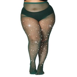 MERYLURE Indestructible Strong Plus Size Rhinestone Fishnet Stockings for Women, Rip Resistant High Waist Sparkly Tights