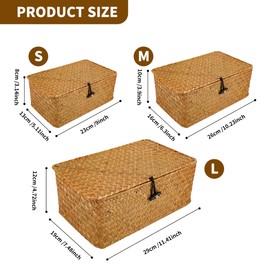 YKUKIZEE Set of 3 Rattan Woven Storage Basket with Lids Handmade, Large Wicker Storage Baskets with Lids, Rectangular Seagrass Storage Baskets with Lids for Home Bathroom Toilet Clothe(S+M+L)