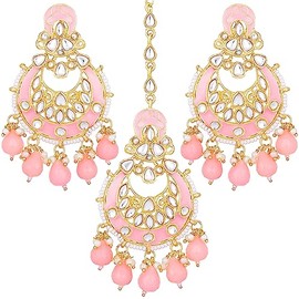 Aheli Gold Plated Pink Kundan Studded Dangle Earrings & Maangtikka Set Ethnic Fashion Jewelry Gift for Women