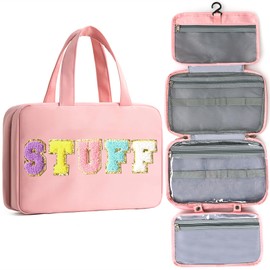 Apxouans Toiletry Bag with Hanging Hook Chenille Letter Cosmetic Bag Spacious Travel Bag Water-resistant Makeup Bag for Store Toiletries Cosmetic Accessories and Sets for Women Light Pink