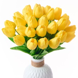 Drewev 30 Pcs Yellow Tulips Artificial Flowers Fake Yellow Tulips Fake Tulip Flowers Real Touch 13" Silk Flower for Bulk Home Kitchen Wedding Party Valentine's Mother's Decorations