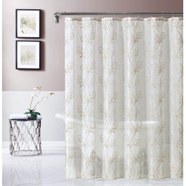 Stella 3D Floral Chenille Embroidered Solid Sheer 70" x 72" Shower Curtain in Linen