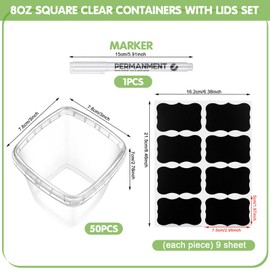 Jinei 50 Pcs Plastic Deli Containers with Lids Clear Square Food Storage Containers Stackable Airtight Square Container with Lids with 9 Labels and Marker for Kitchen Storage Meal Take out (8 oz)