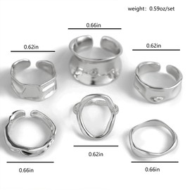 DZSYJKTM 6Pcs Chunky Gold Oval Open Rings Non Tarnish for Women, Statement Stackable Silver Polished Irregular Geometric Knuckle Ring Trendy Party Jewelry Set (Silver)