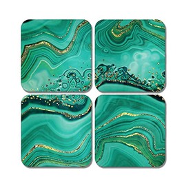 4 x Square Green Agate Coasters - Marble Effect Ink Teal Pattern Set Theme Gift #78455