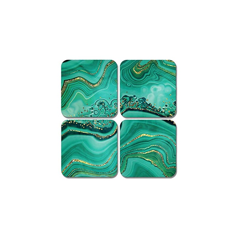 4 x Square Green Agate Coasters - Marble Effect Ink