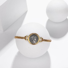 GUBIREF Ancient Greek mythology, Silver Coin Bracelet, 18K Gold Plated, Sterling Silver Goddess Fortuna Coin Bracelet for Women, Gift for Good Luck.