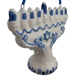OnHoliday Ceramic Blue and White Hanukkah Menorah Hanging Holiday Ornament