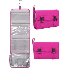 Twofold Hanging Travel Toiletry Bag for Women & Men, Large Capacity Waterproof Cosmetic Organizer with Foldable Design & Multi-Pockets for Skincare, Makeup - Hot Pink
