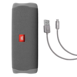 JBL Flip 5 (Gray) + Bundle with Case Logic Braided USB Type-C Charge & Sync (6 ft, Gray)